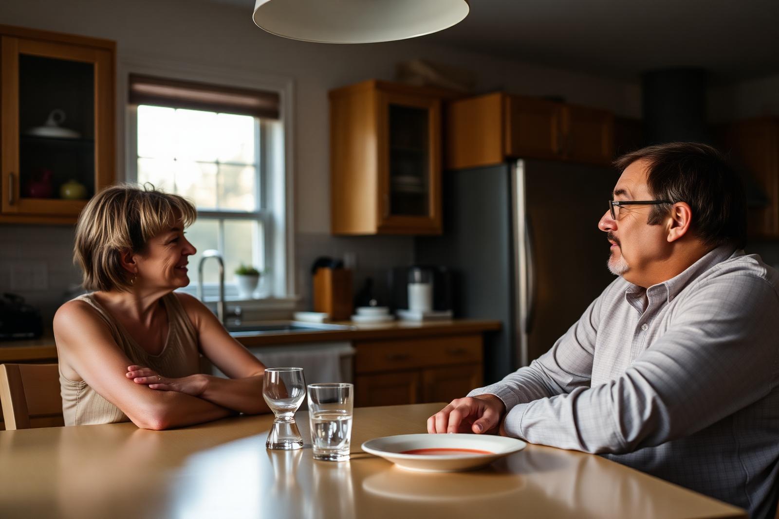 Two partners sitting across a kitchen table in conversation