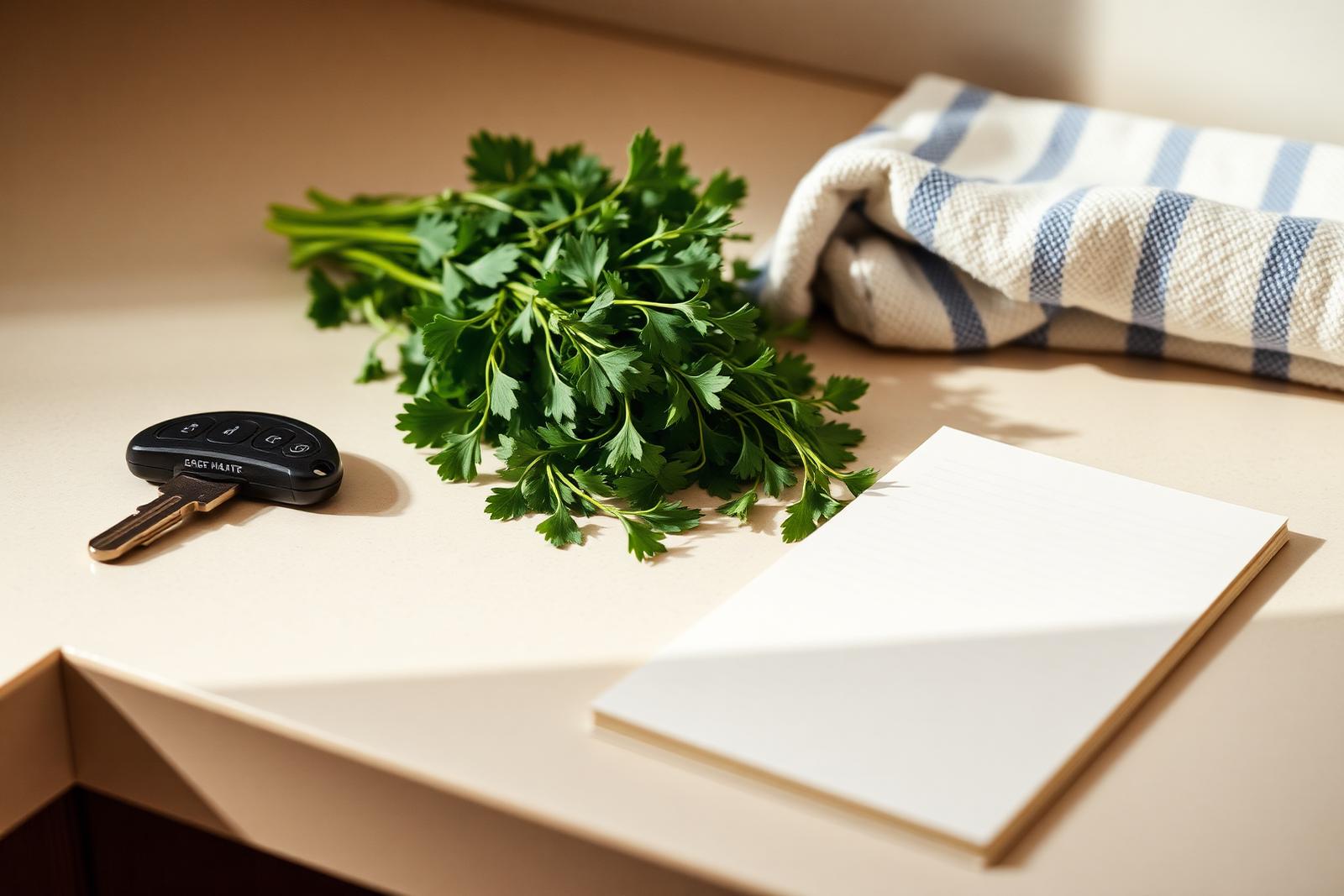 Kitchen counter with keys, herbs, a folded tea towel and a blank notepad in morning light