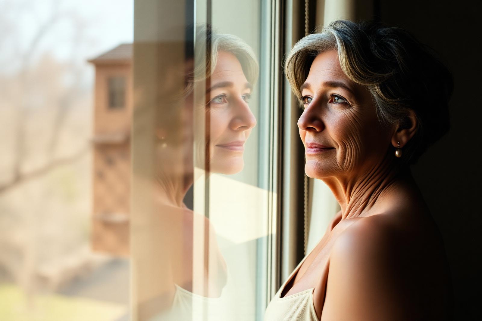 Woman in her late forties standing by a window in morning light