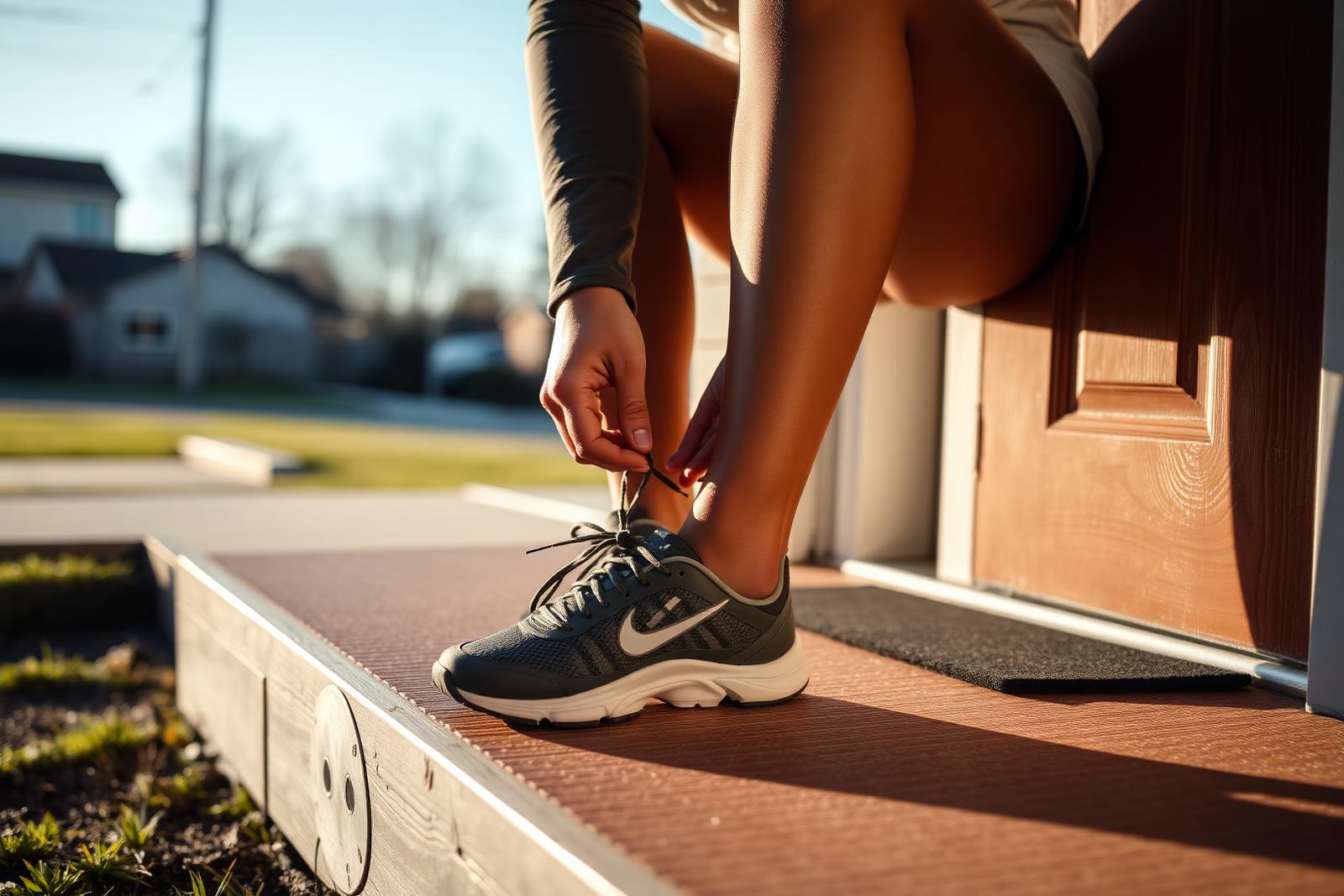 Woman lacing a running shoe on a doorstep in early morning light