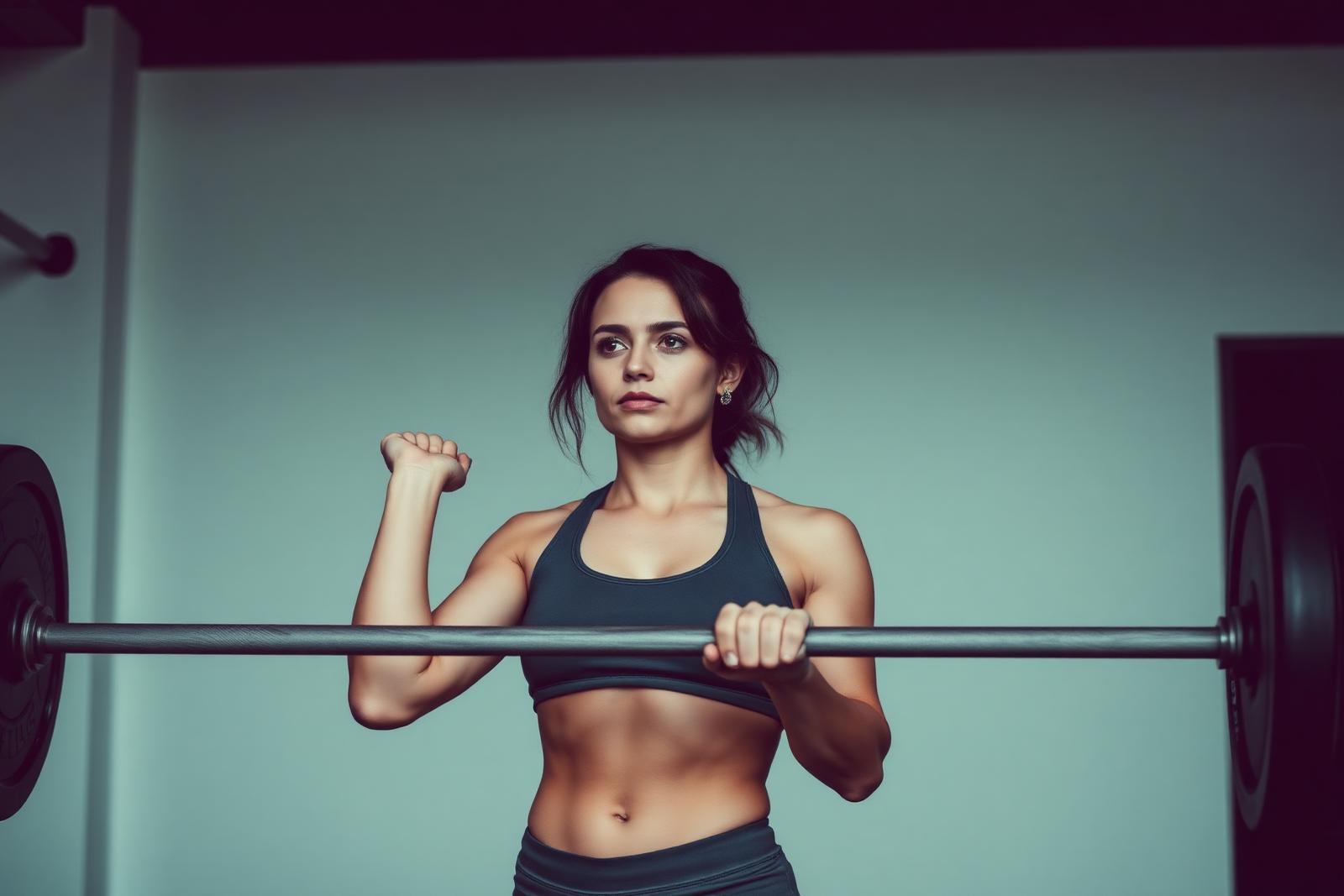 Woman holding a barbell at chest height in a plain gym