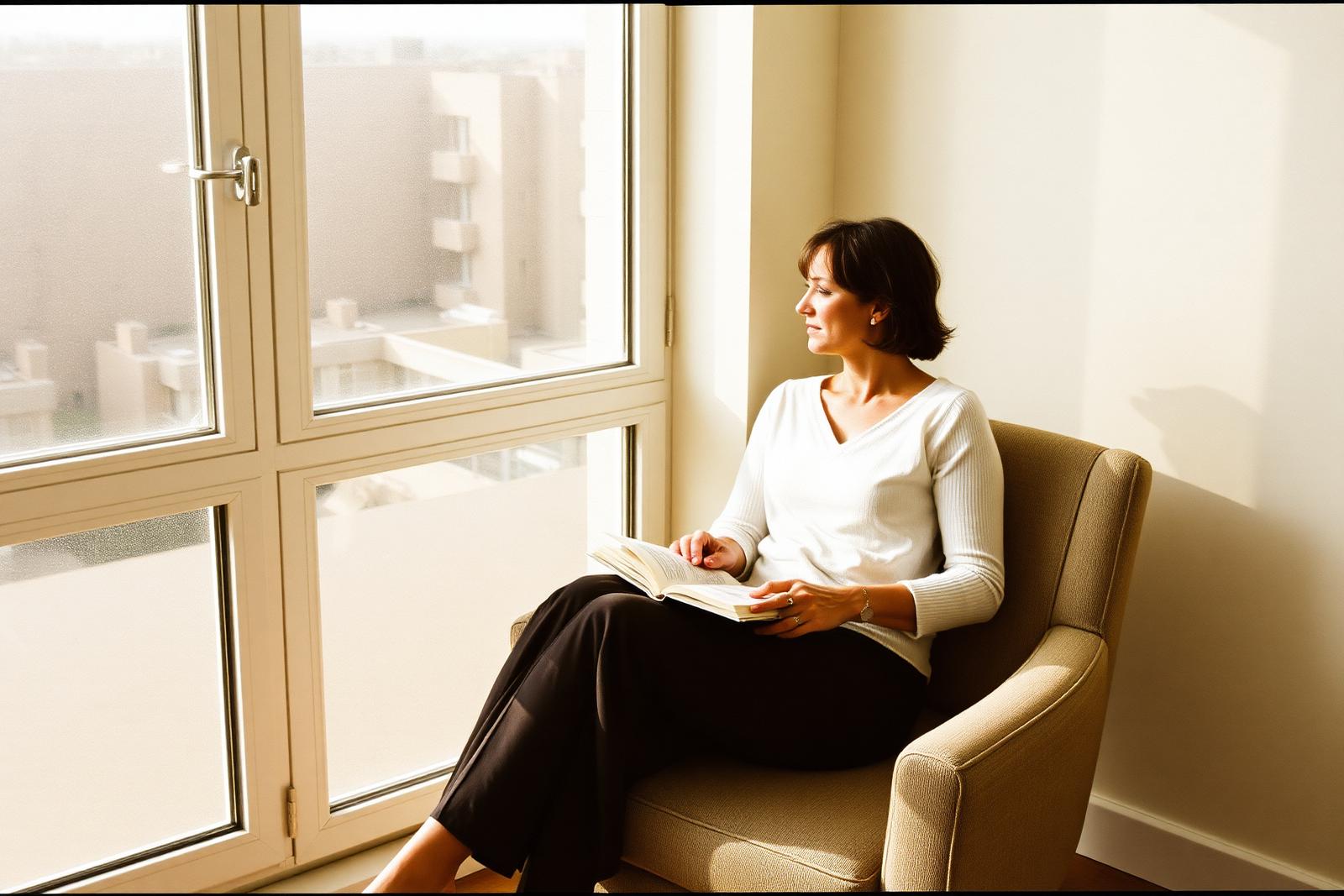 Woman sitting in an armchair by a window with a book resting on her lap