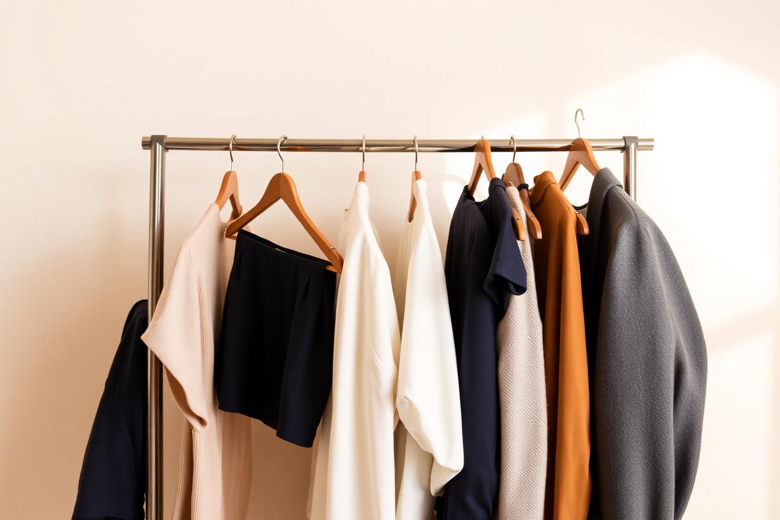 Open clothing rail holding a small edited selection of neutral and navy garments